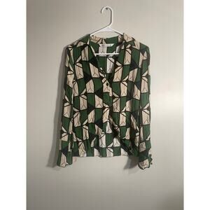 Zara Green Geometric 70s Inspired Print Button Down Cropped Shirt